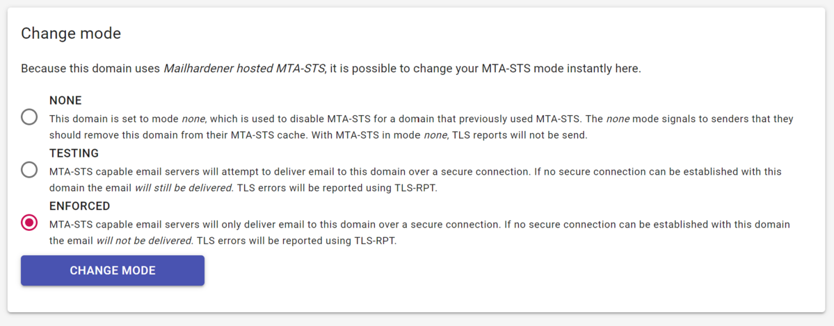 Screenshot of instant policy change feature of hosted MTA-STS