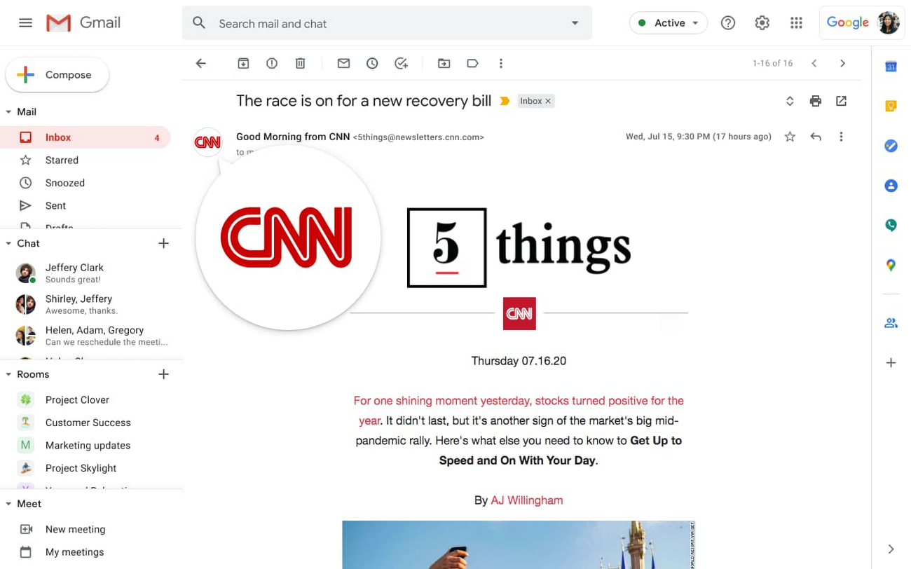 Screenshot of Gmail showing BIMI indicator of CNN