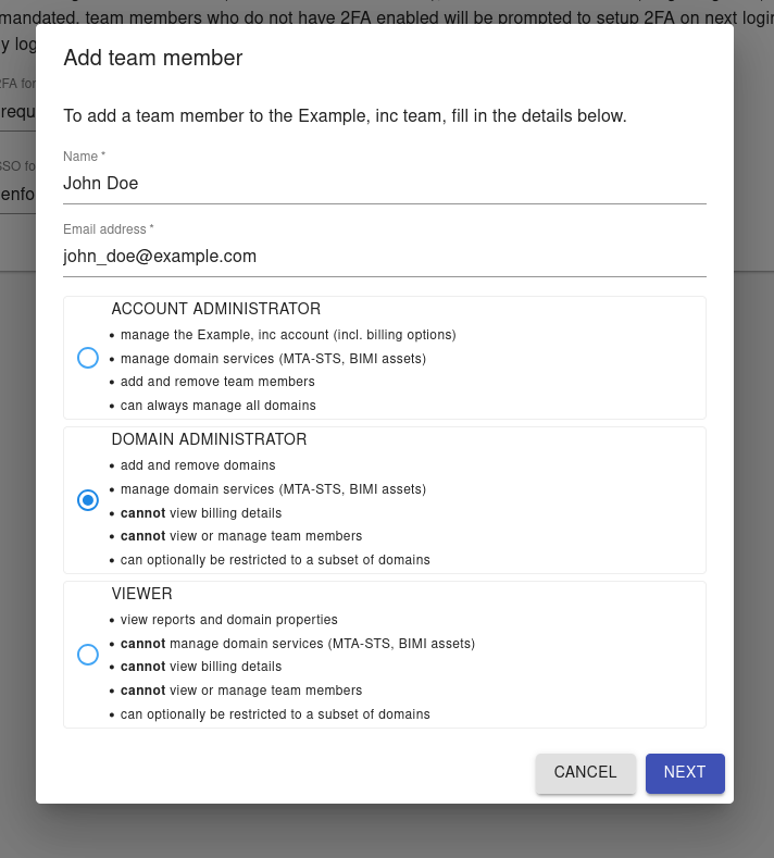 Screenshot displaying the 'Add team member' modal in the Mailhardener Dashboard, used to invite new users