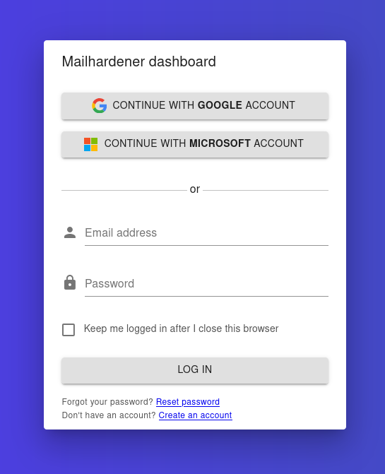 screenshot showing Mailhardener Dashboard login prompt with SSO options