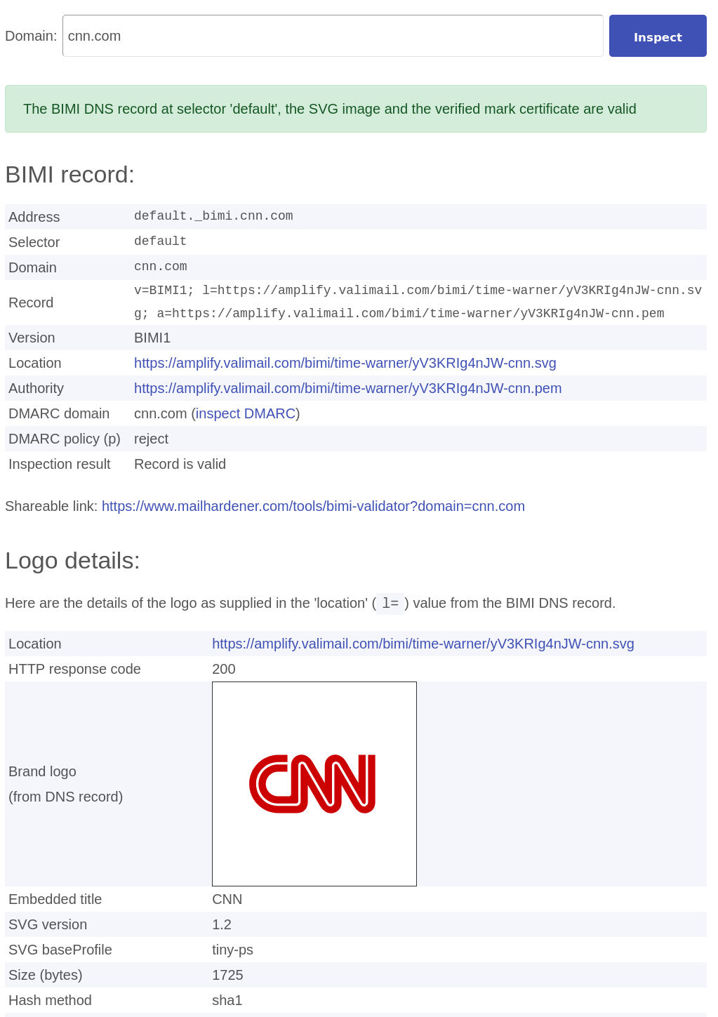 screenshot showing the BIMI validator