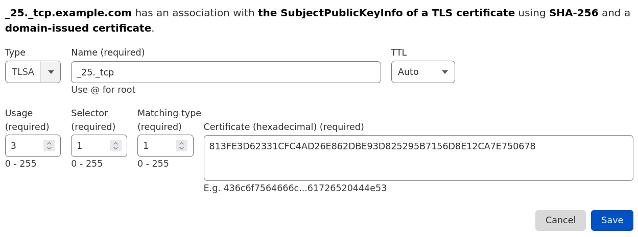 screenshot showing TLSA entry in Cloudflare DNS