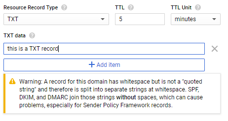 screenshot showing whitespace warning in Google Cloud DNS