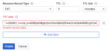 screenshot showing "invalid record data" error in Google Cloud DNS