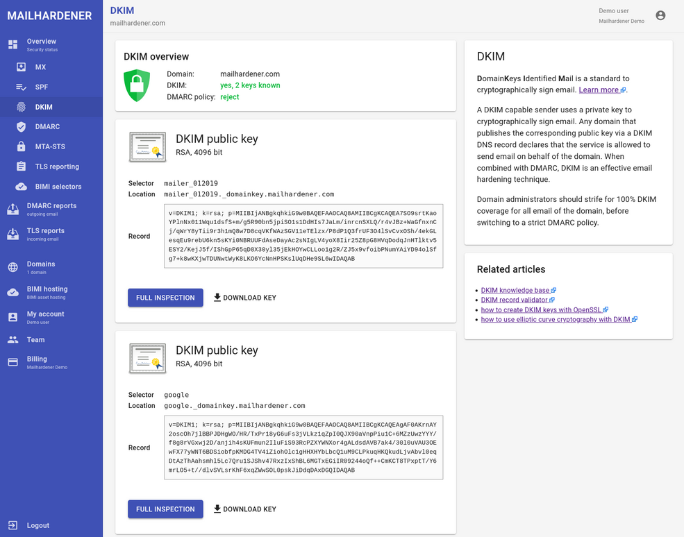 Screenshot of the Mailhardener domain inspector