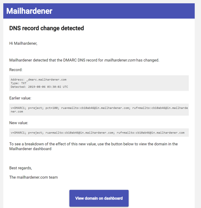 Screenshot of email indicating a detected DNS change