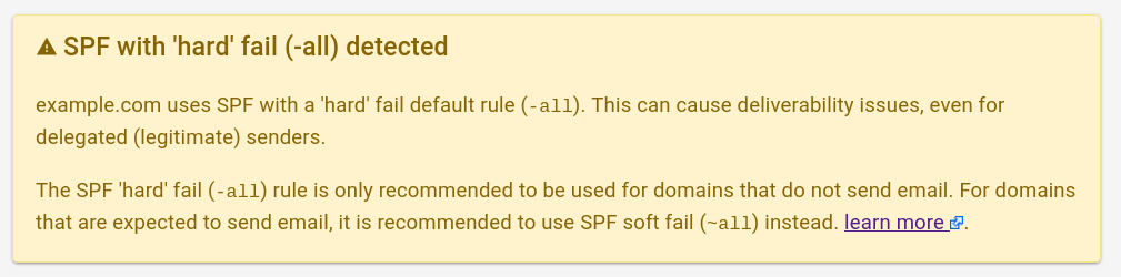 screenshot showing warning on the use of SPF fail
