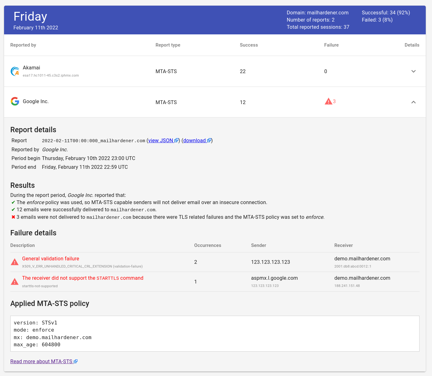 screenshot showing SMTP TLS report with an MTA-STS related error in the Mailhardener dashboard