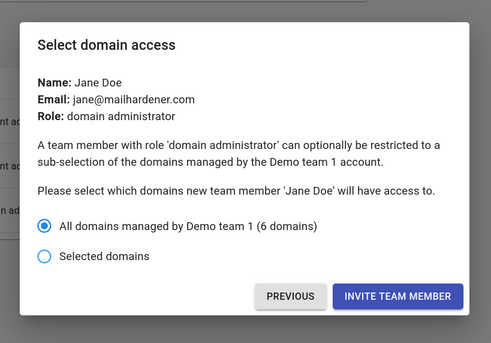 screenshot showing the 'select domain access' modal for a team member