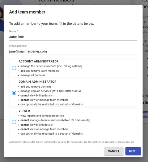 Screenshot showing the 'add team member' modal with user roles